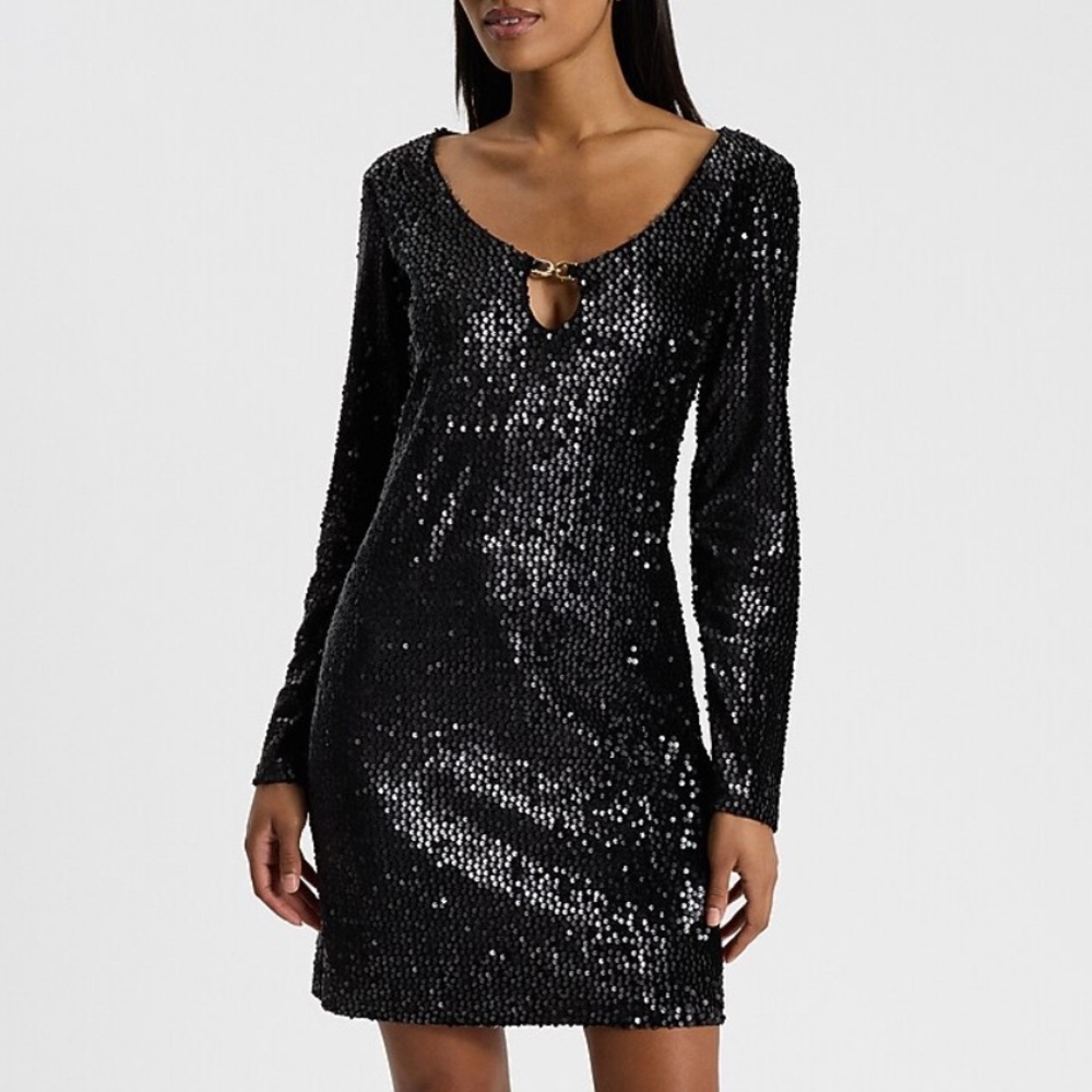 Express Sequin Horsebit Scoop Neck Long Sleeve Mini Dress in Black